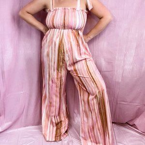 Striped Tie Shoulder Smocked Jumpsuit